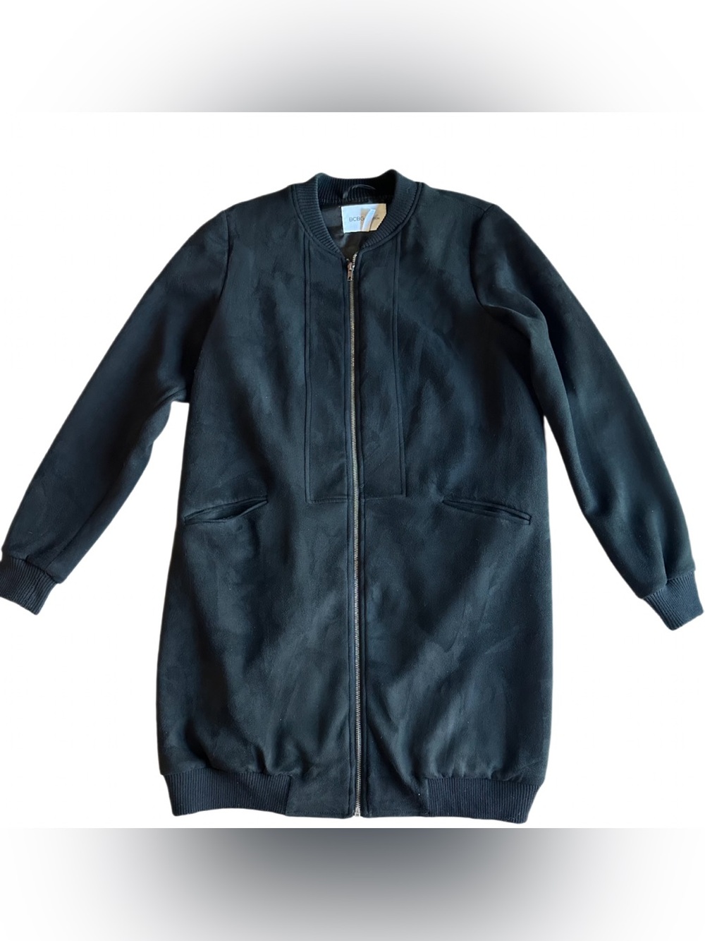BCBGeneration Long Faux Suede Bomber Jacket Black Zip Front Women’s Large